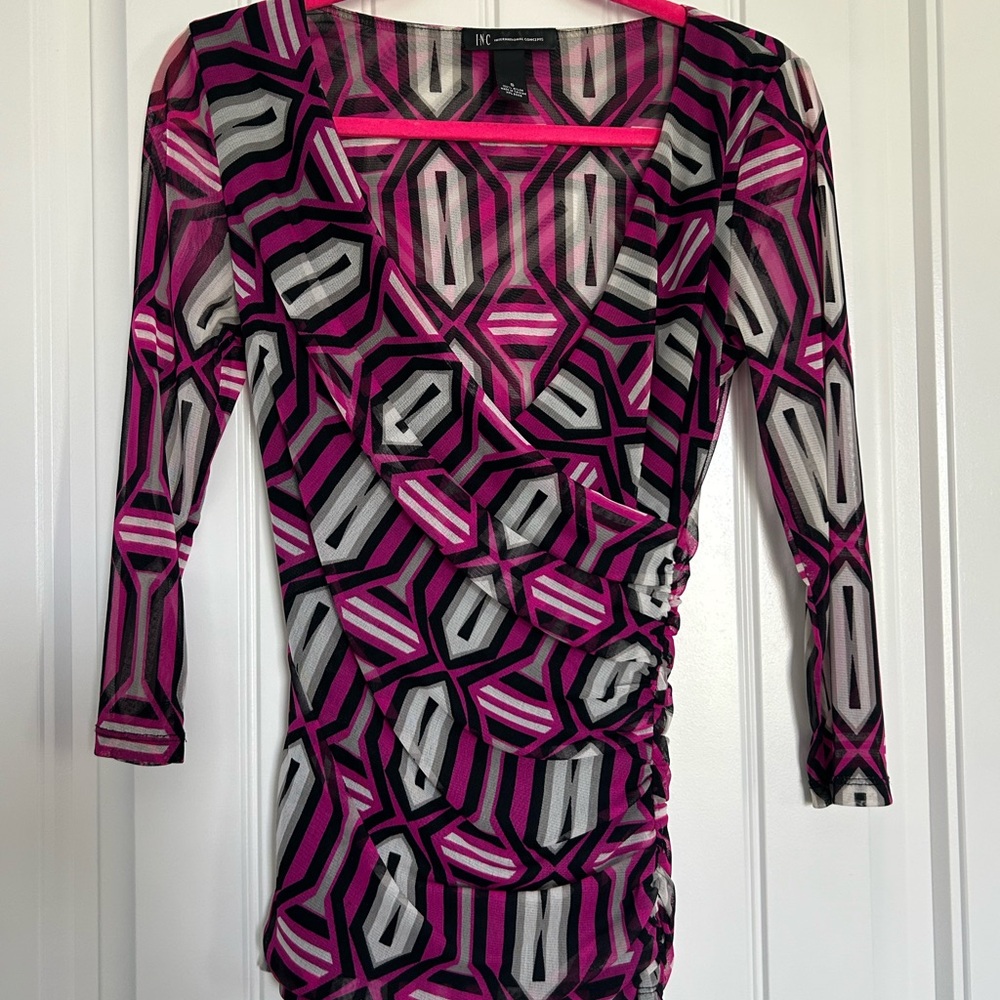 INC International Concepts Fuchsia Black White Geometric Wrap Tunic
